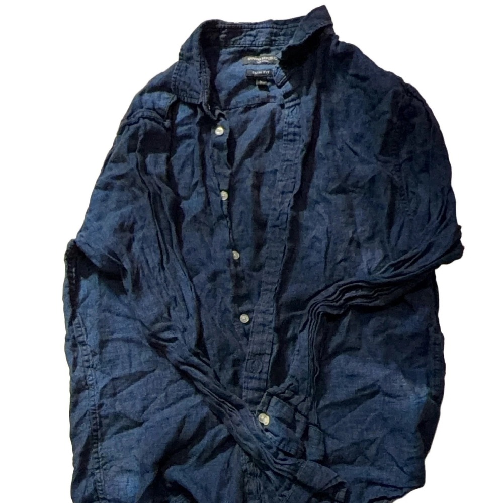 Banana Republic Slim Fit Linen Shirt Dark Blue L Mens Button Up Collared